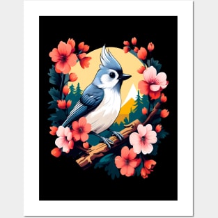 Cute Tufted Titmouse Surrounded by Vibrant Spring Flowers Posters and Art